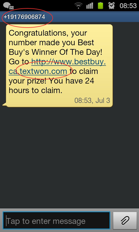 TextWon.com SCAM claiming from BestBuy.ca